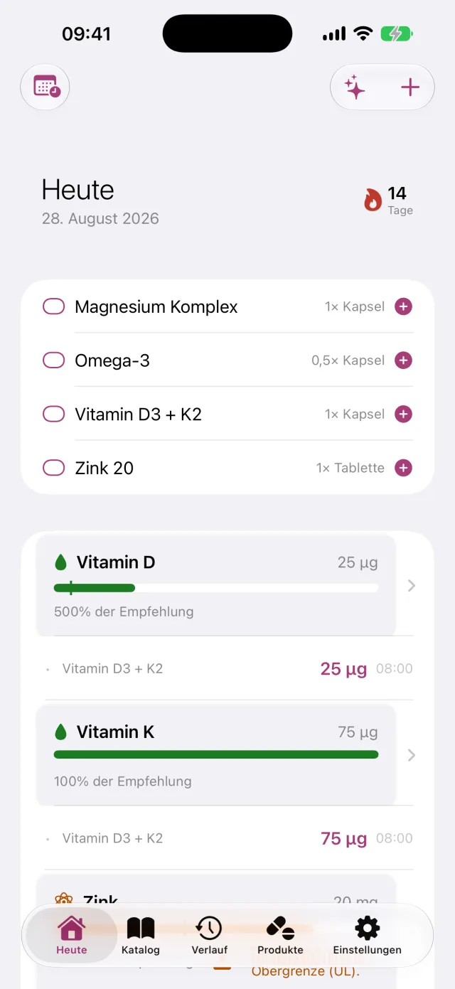 Der Tag auf einen Blick: offene Einnahmen mit einem Tipp abhaken, Streak, und je Nährstoff der Stand gegen die Obergrenze.