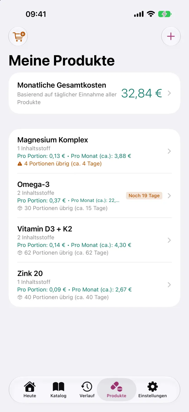 Die eigenen Produkte mit Inhaltsstoffen, Vorrat und der Liste dessen, was nachgekauft werden muss.