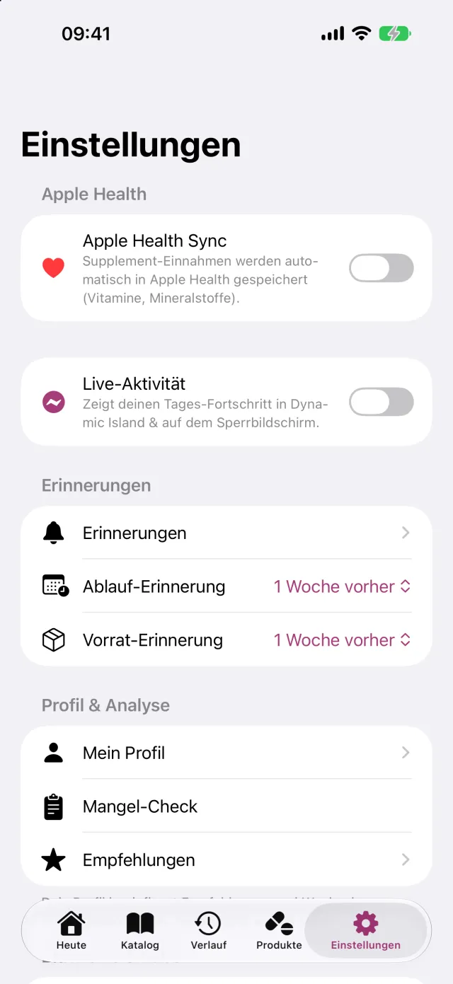 Apple Health, Live-Aktivität, Erinnerungen für Vorrat und Ablauf und das Profil, aus dem die persönlichen Grenzwerte folgen.