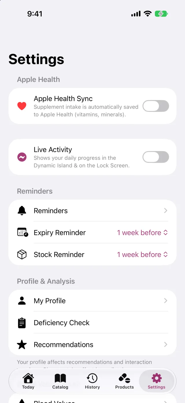 Apple Health, the Live Activity, reminders for stock and expiry, and the profile the personal limits follow from.