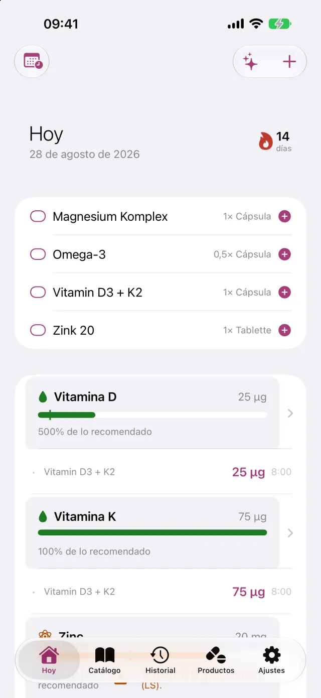 El día de un vistazo: marcar una toma pendiente con un toque, la racha y dónde queda cada nutriente frente a su límite.