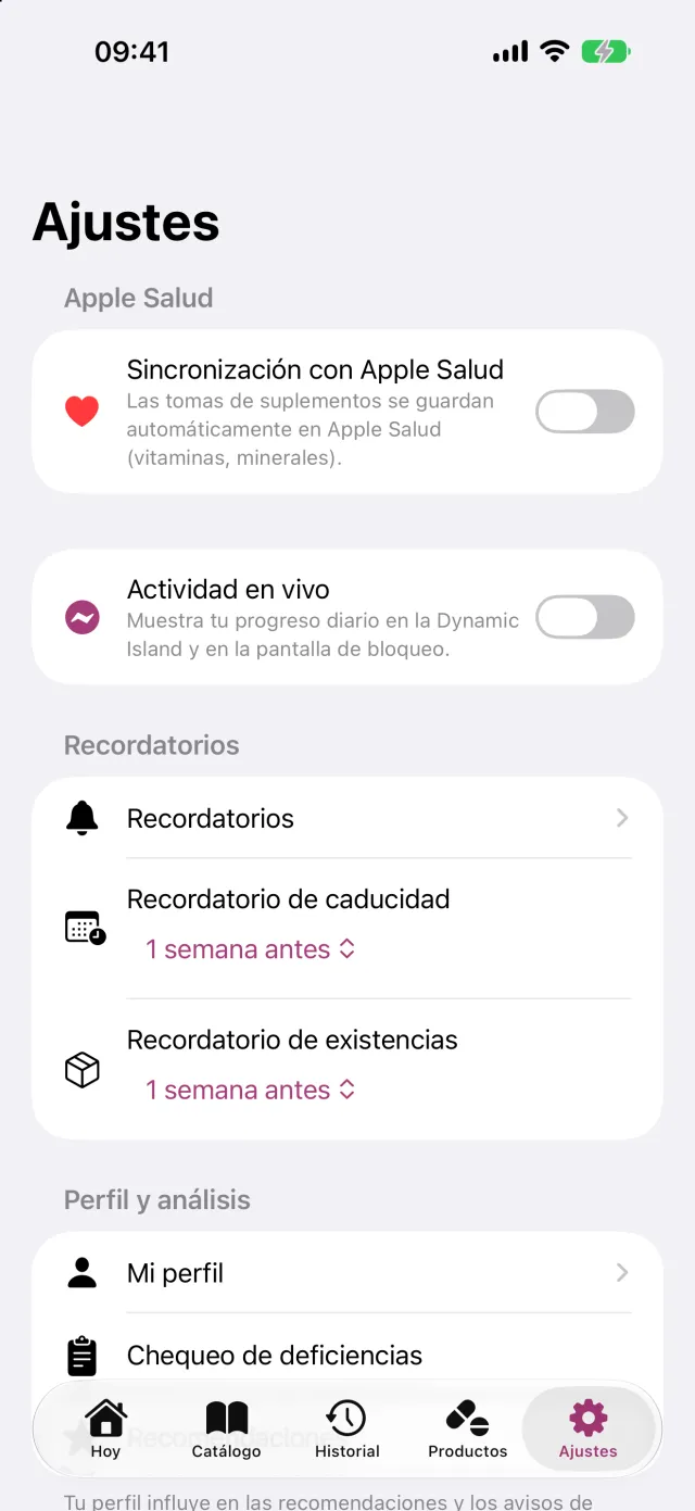 Apple Salud, la actividad en vivo, los recordatorios de existencias y caducidad, y el perfil del que salen los límites personales.