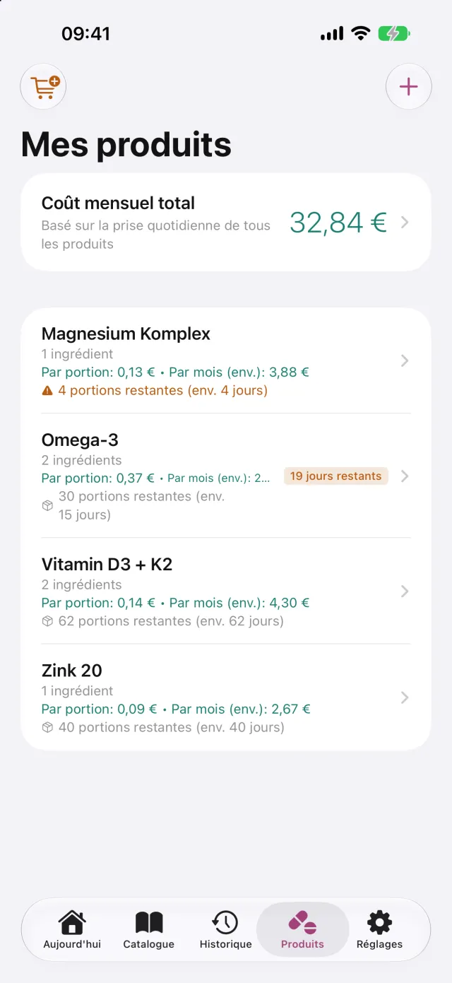 Les produits personnels avec leurs composants, le stock et la liste de ce qu'il faut racheter.