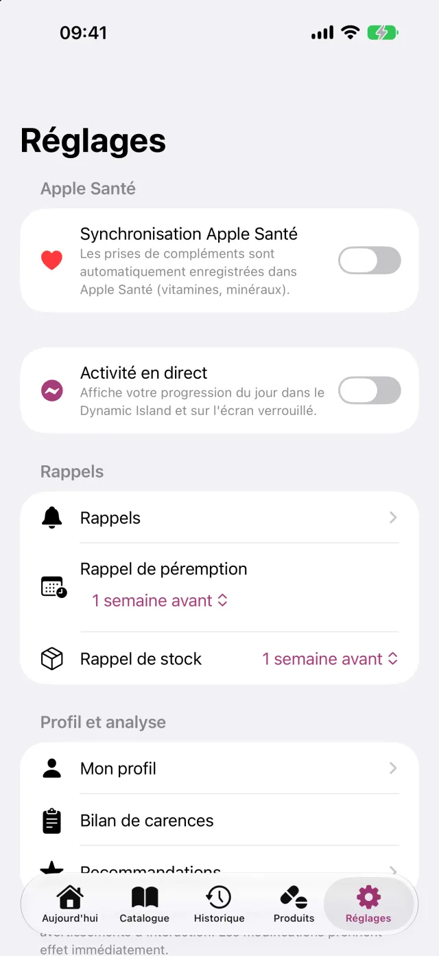 Apple Santé, l'activité en direct, les rappels de stock et de péremption, et le profil dont découlent les limites personnelles.