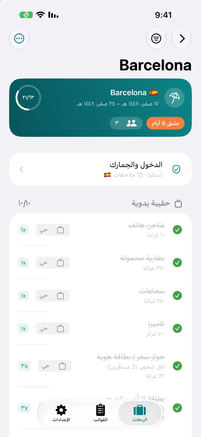 القائمة مرتّبة حسب الحقيبة، مع الكمية لكل شخص والوزن على الغرض.