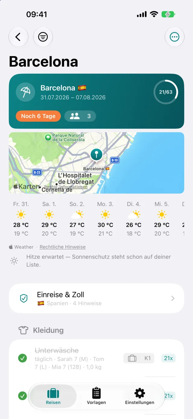 Die Reise selbst: Wetter am Ziel, Einreisehinweise und die Packliste darunter.