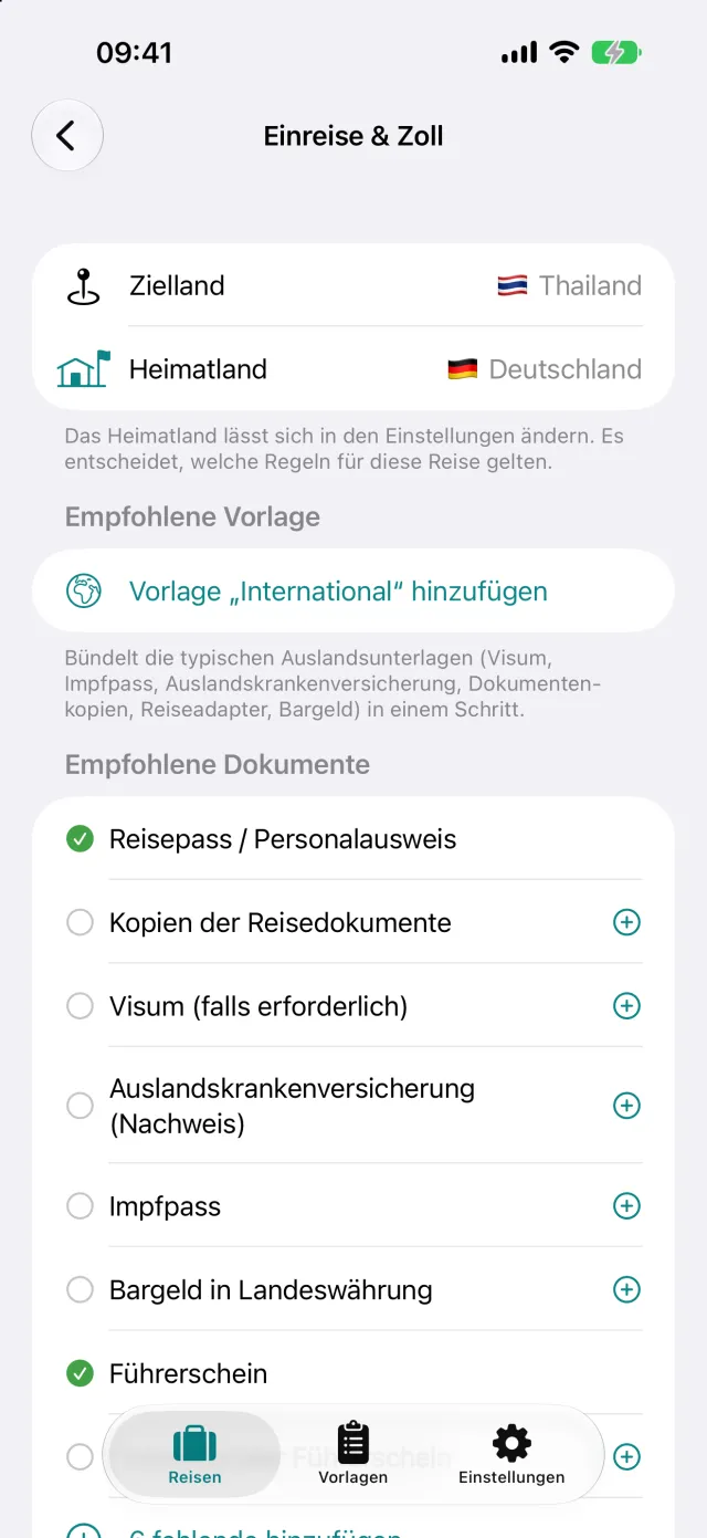 Einreise und Zoll für Thailand ab Deutschland. Die empfohlenen Dokumente wandern per Tipp auf die Packliste.