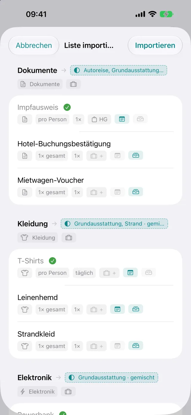 Import einer Liste aus einer anderen App, jede Zeile vor der Übernahme prüfbar.