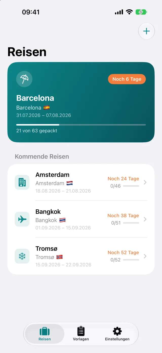 Übersicht der Reisen mit Countdown und Packfortschritt.