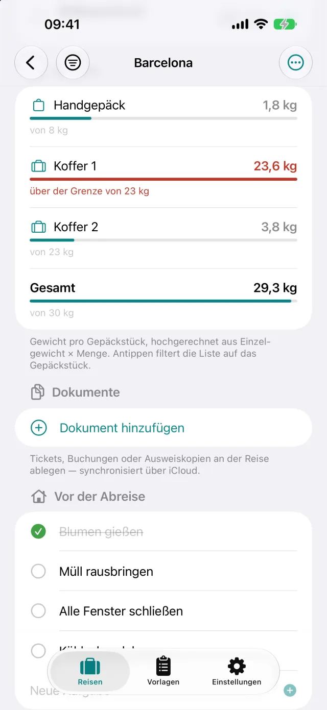 Gewicht je Gepäckstück gegen das Freigepäck, hier 23,6 kg bei einer Grenze von 23 kg.