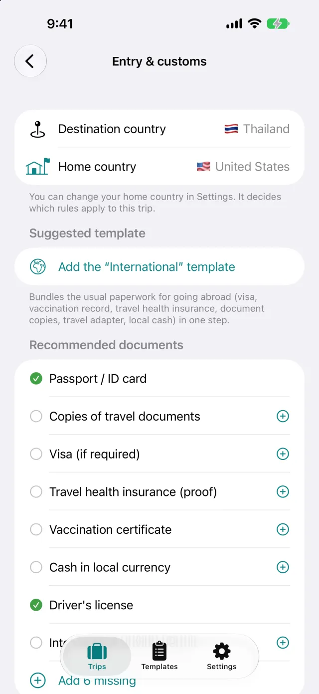 Ingresso e dogana per la Thailandia partendo dalla Germania. I documenti consigliati passano nella lista con un tocco.