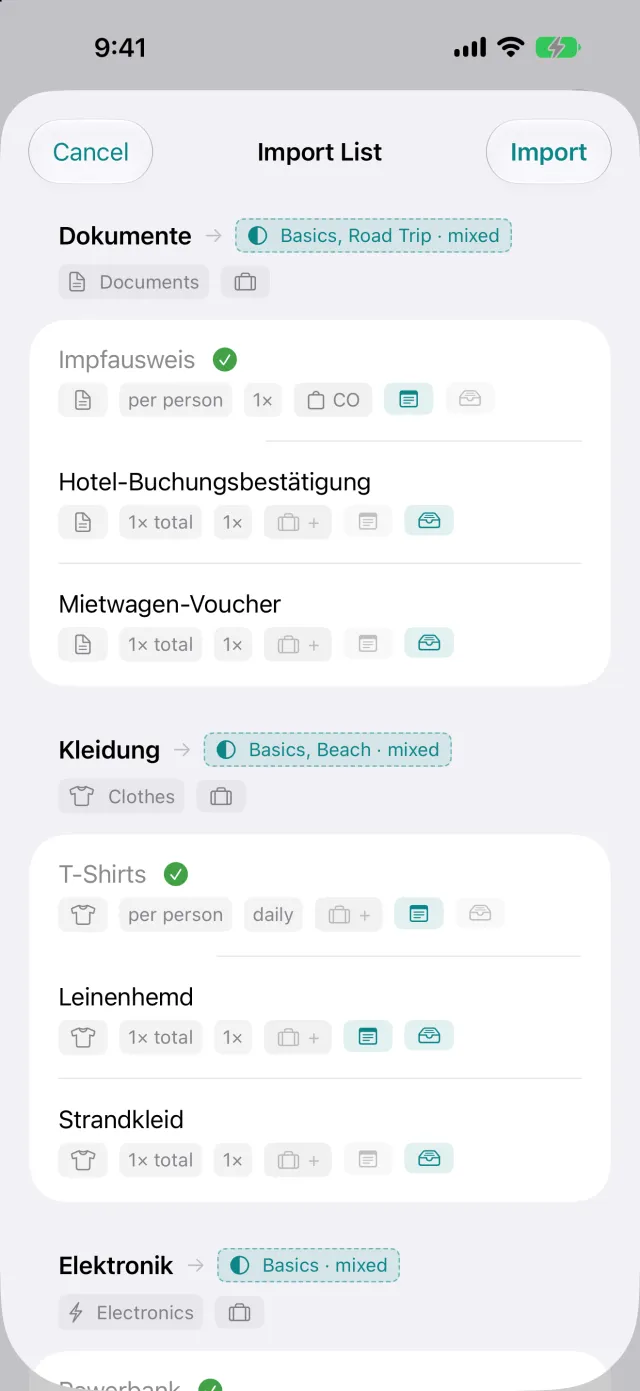 Importazione di una lista da un’altra app, con ogni riga verificabile prima di accettarla.