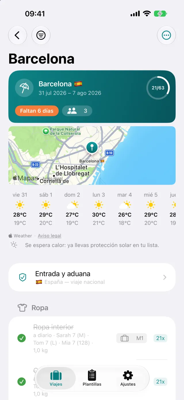 El viaje en sí: tiempo en el destino, avisos de entrada y la lista de equipaje debajo.