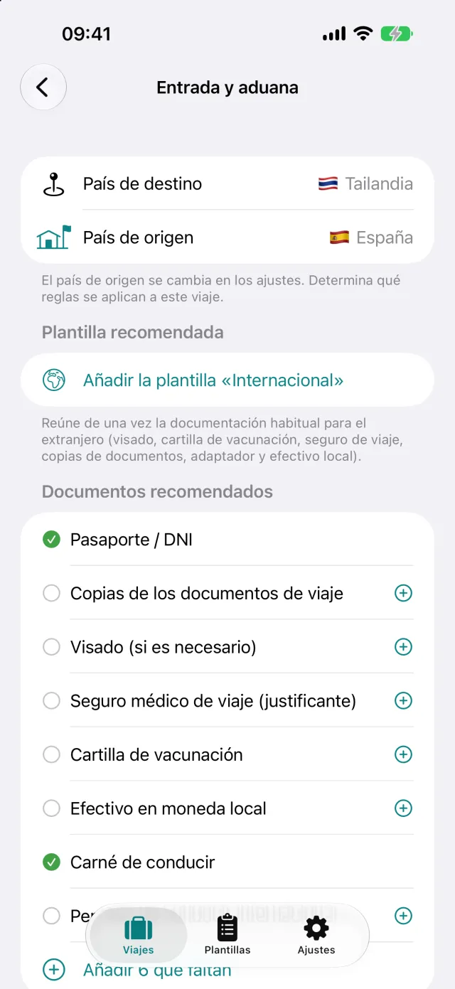 Entrada y aduana para Tailandia desde Alemania. Los documentos recomendados pasan a la lista con un toque.