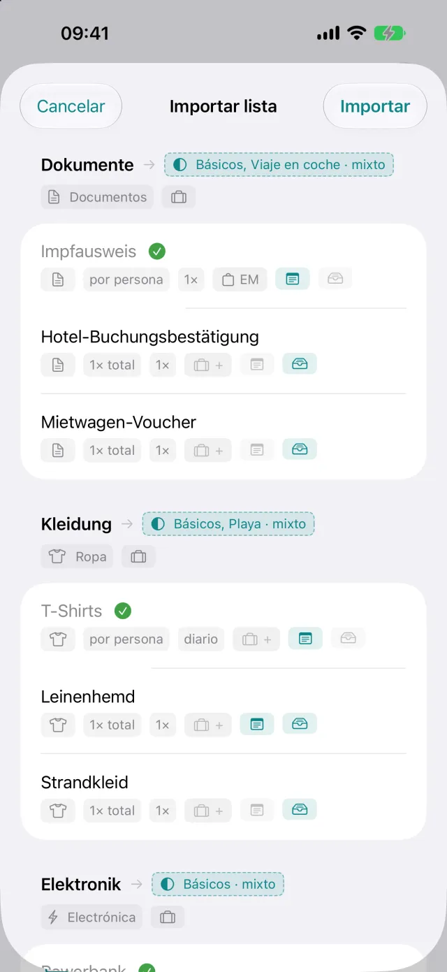 Importación de una lista de otra app, con cada línea revisable antes de aceptarla.