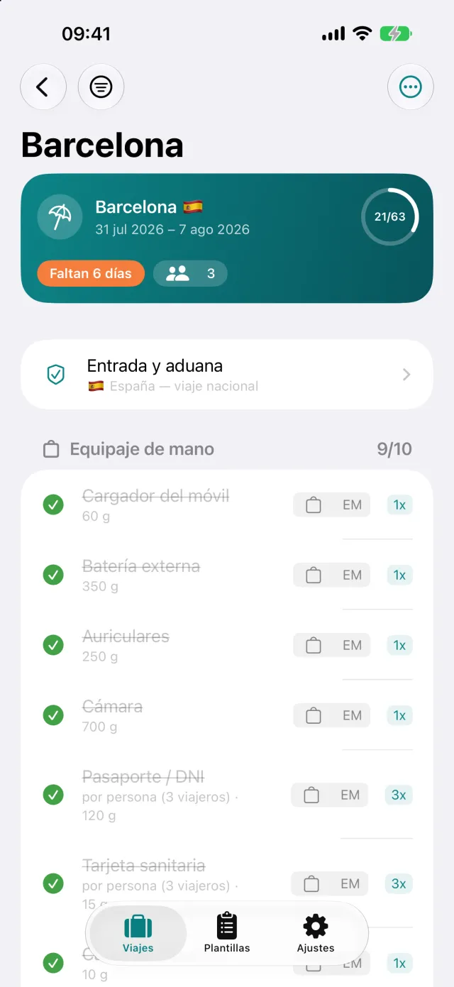 La lista ordenada por maleta, con cantidad por persona y peso en cada artículo.