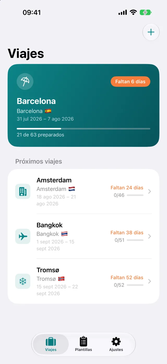 Vista general de los viajes con cuenta atrás y progreso del equipaje.