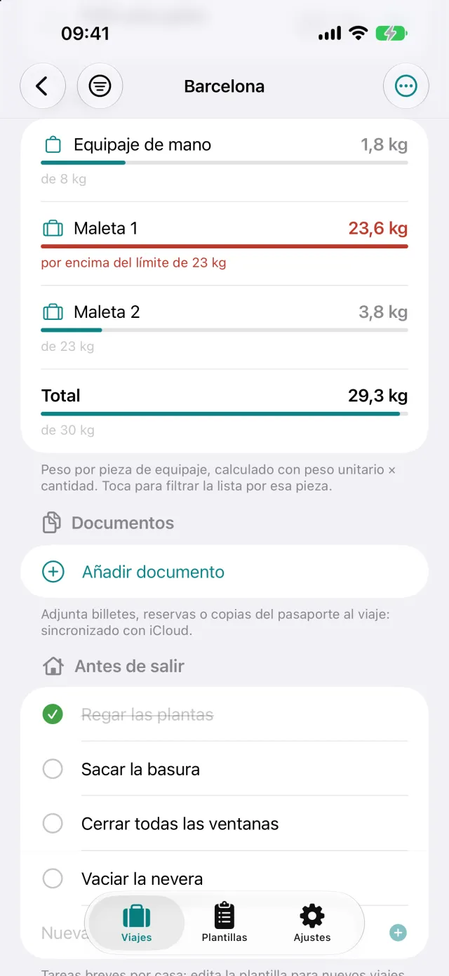 Peso por maleta frente a la franquicia, aquí 23,6 kg con un límite de 23 kg.