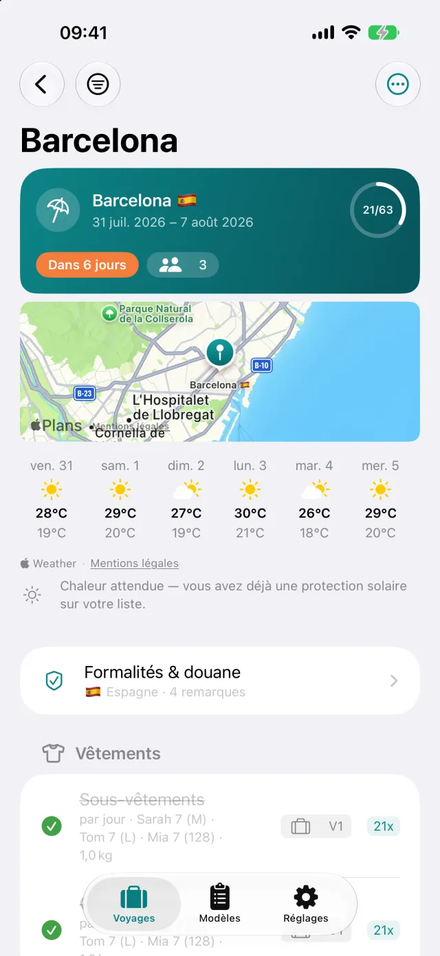Le voyage lui-même : météo à destination, formalités et la liste de bagages en dessous.