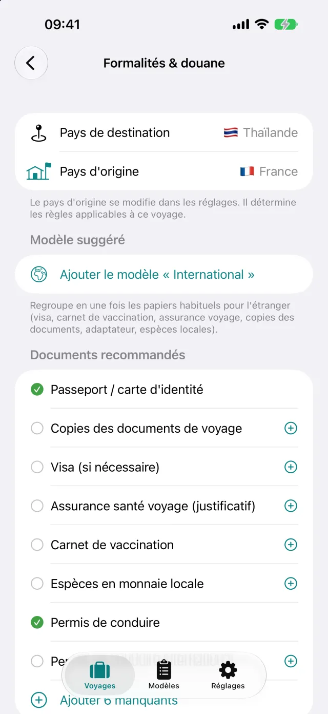 Formalités et douane pour la Thaïlande au départ de l’Allemagne. Les documents recommandés passent dans la liste d’une simple touche.
