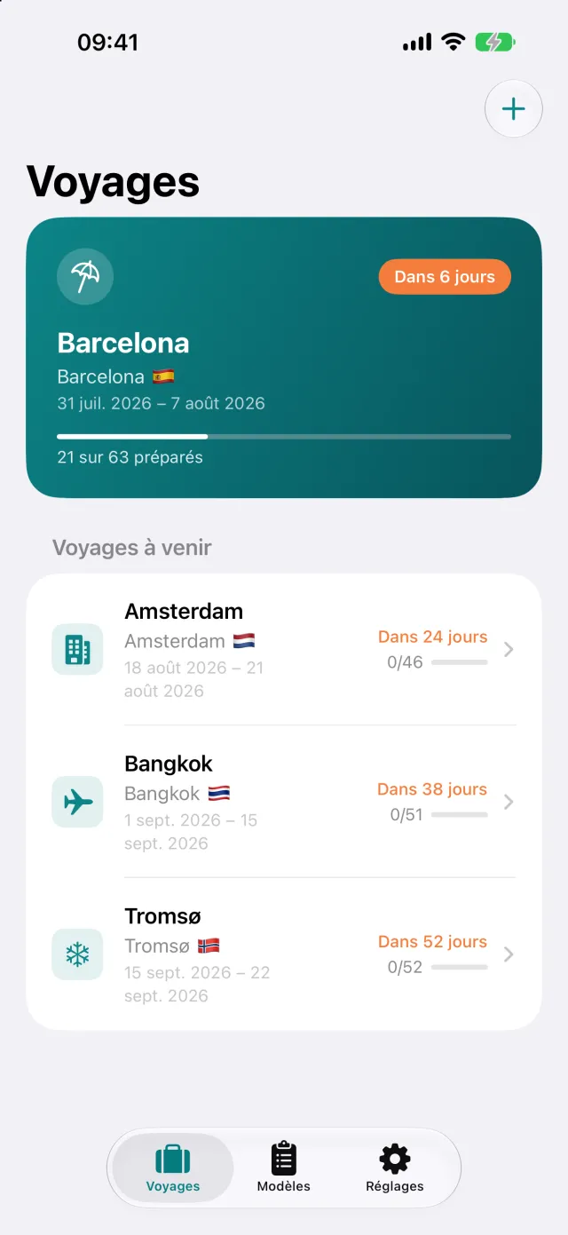 Vue d’ensemble des voyages avec compte à rebours et avancement.