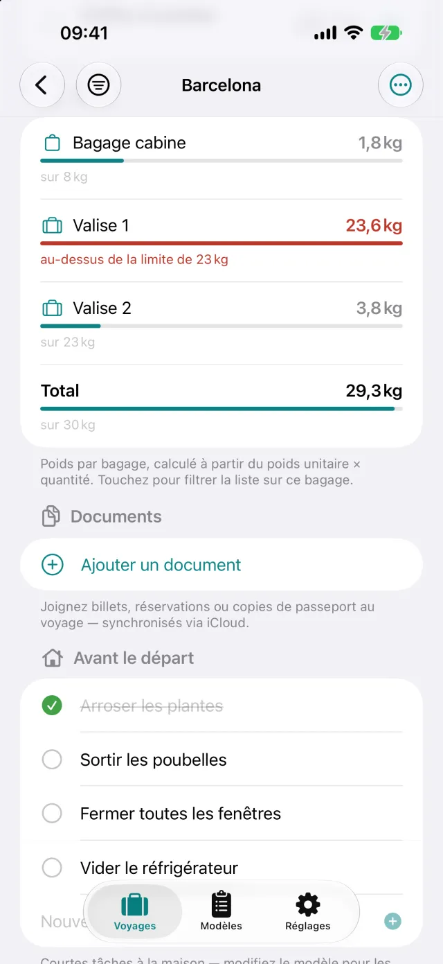 Poids par bagage face à la franchise, ici 23,6 kg pour une limite de 23 kg.