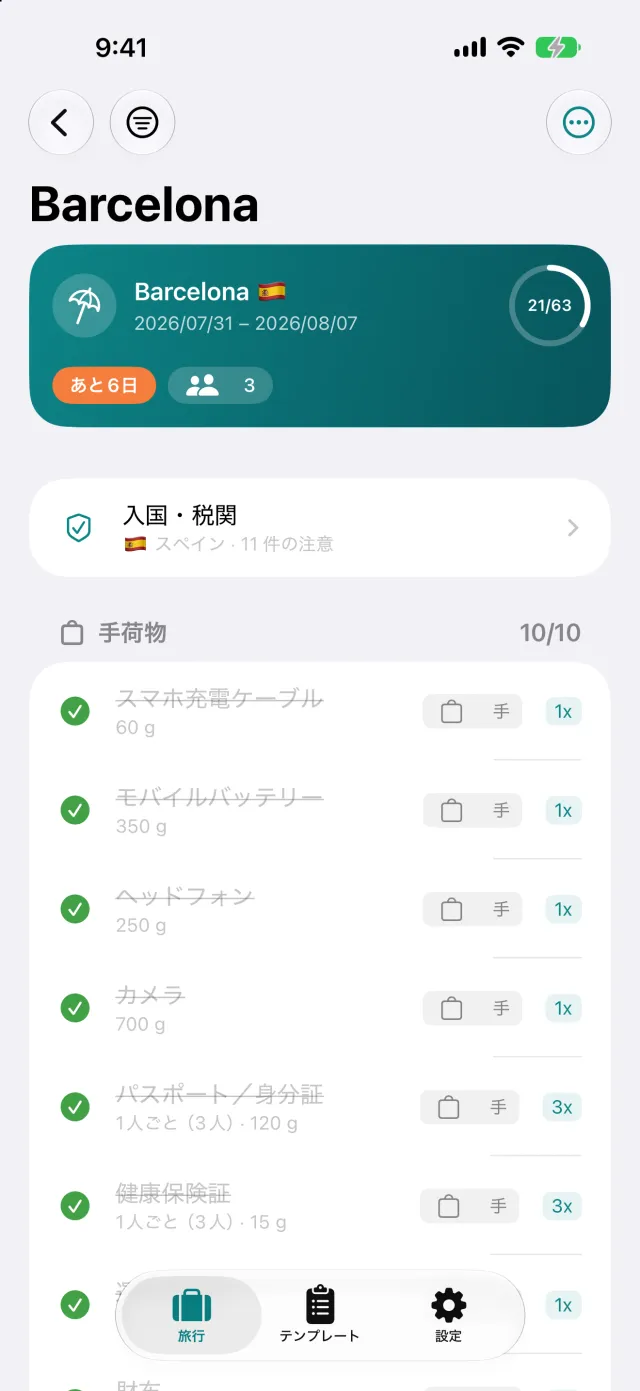 荷物ごとに並べた持ち物リスト。人数分の個数と品物の重量つき。