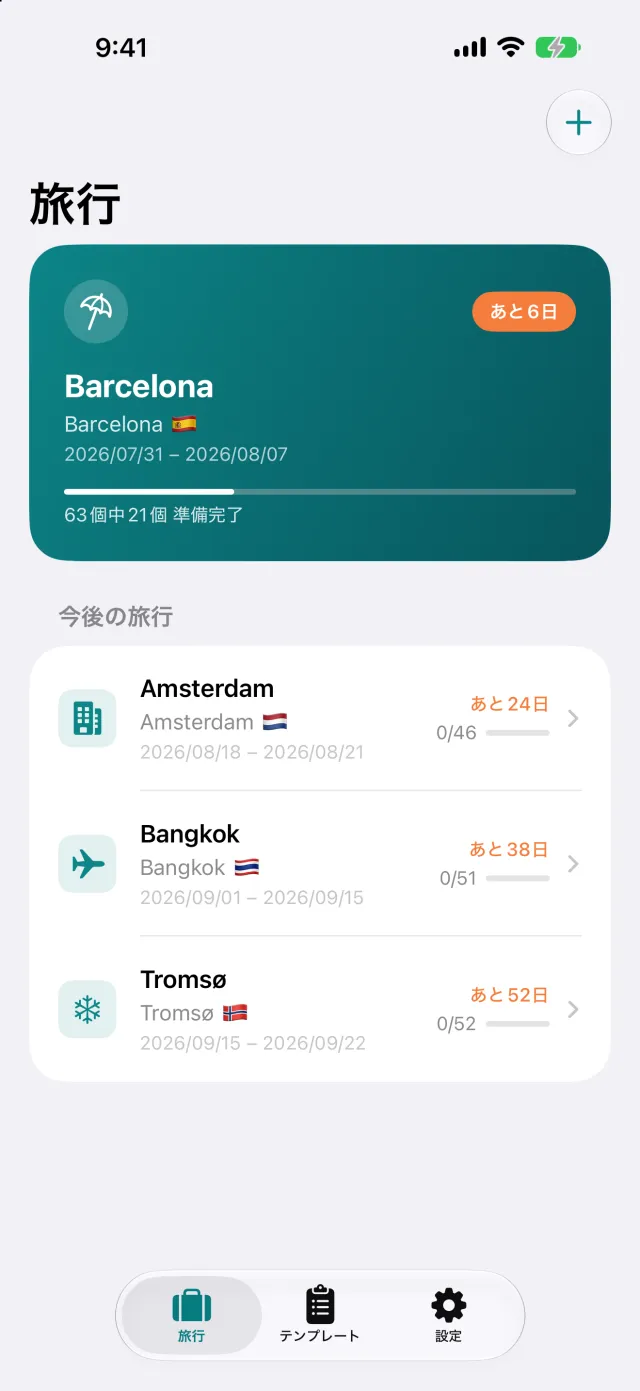 旅行の一覧。カウントダウンと荷造りの進み具合つき。