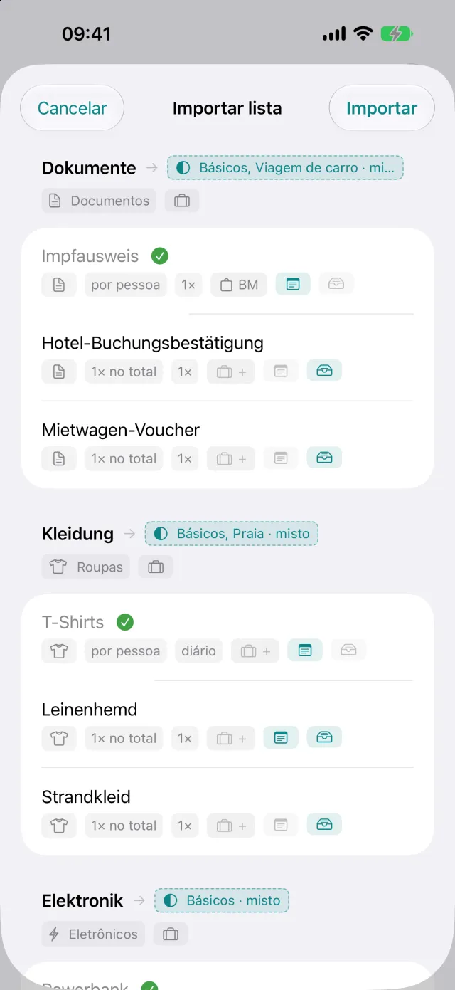 Importação de uma lista de outro app, com cada linha revisável antes de ser aceita.
