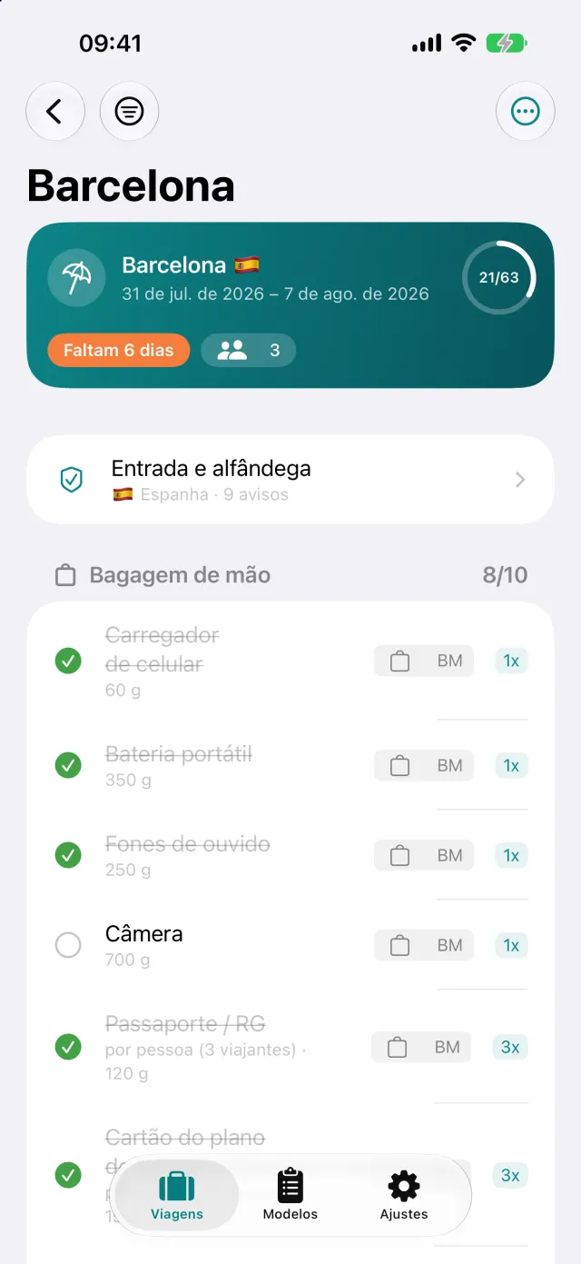 A lista organizada por mala, com quantidade por pessoa e peso no item.