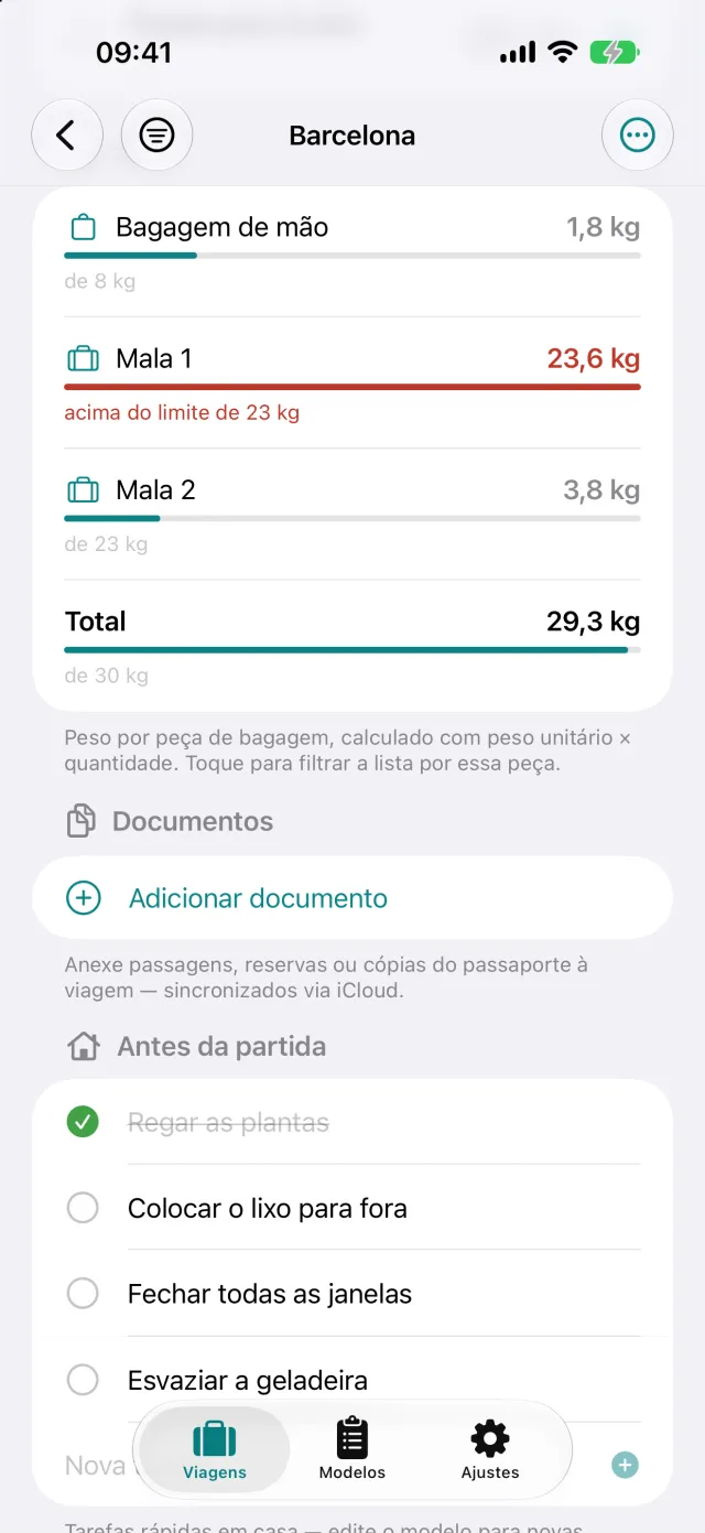 Peso por mala em relação à franquia, aqui 23,6 kg com limite de 23 kg.