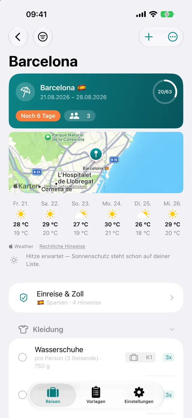 Die Reise selbst: Wetter am Ziel, Einreisehinweise und die Packliste darunter.