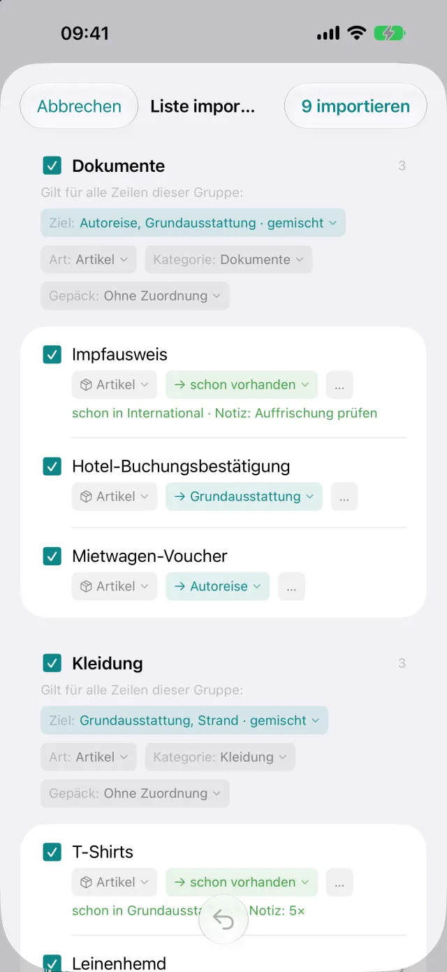 Import einer Liste aus einer anderen App, jede Zeile vor der Übernahme prüfbar.