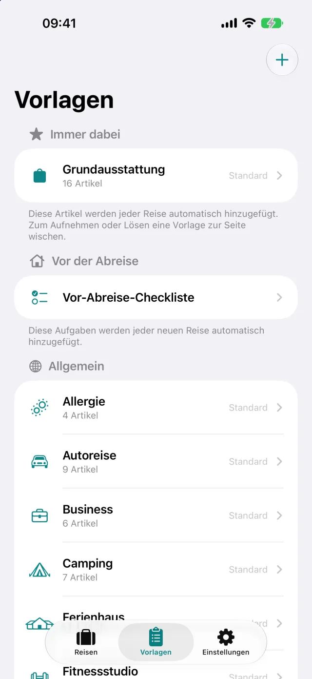 Die Vorlagen: benannte Artikelsätze wie Camping oder Business, aus denen sich die Packliste zusammensetzt.