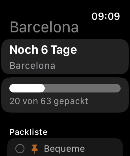 Die Reise auf der Apple Watch: Countdown, Packfortschritt und die Packliste, dort auch abhakbar.