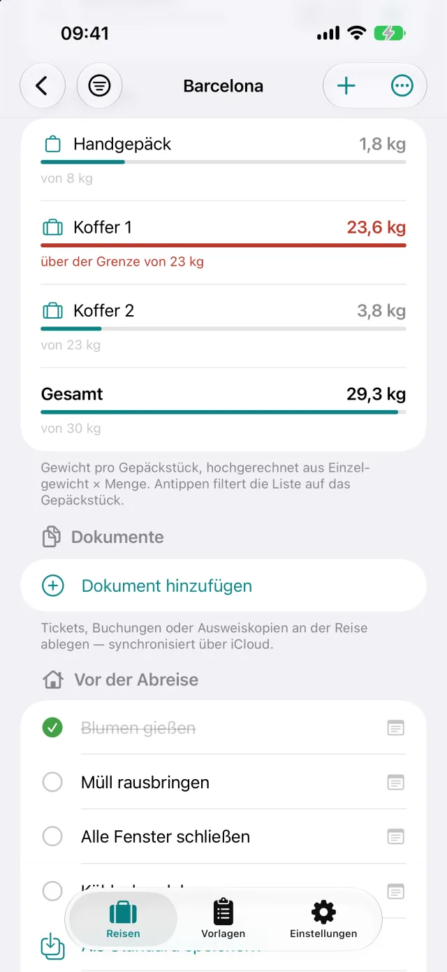 Gewicht je Gepäckstück gegen das Freigepäck, hier 23,6 kg bei einer Grenze von 23 kg.