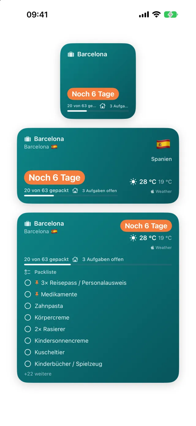 Widgets auf dem Homescreen: Countdown im kleinen, Ort und Wetter im mittleren, und im großen die Packliste zum Abhaken.