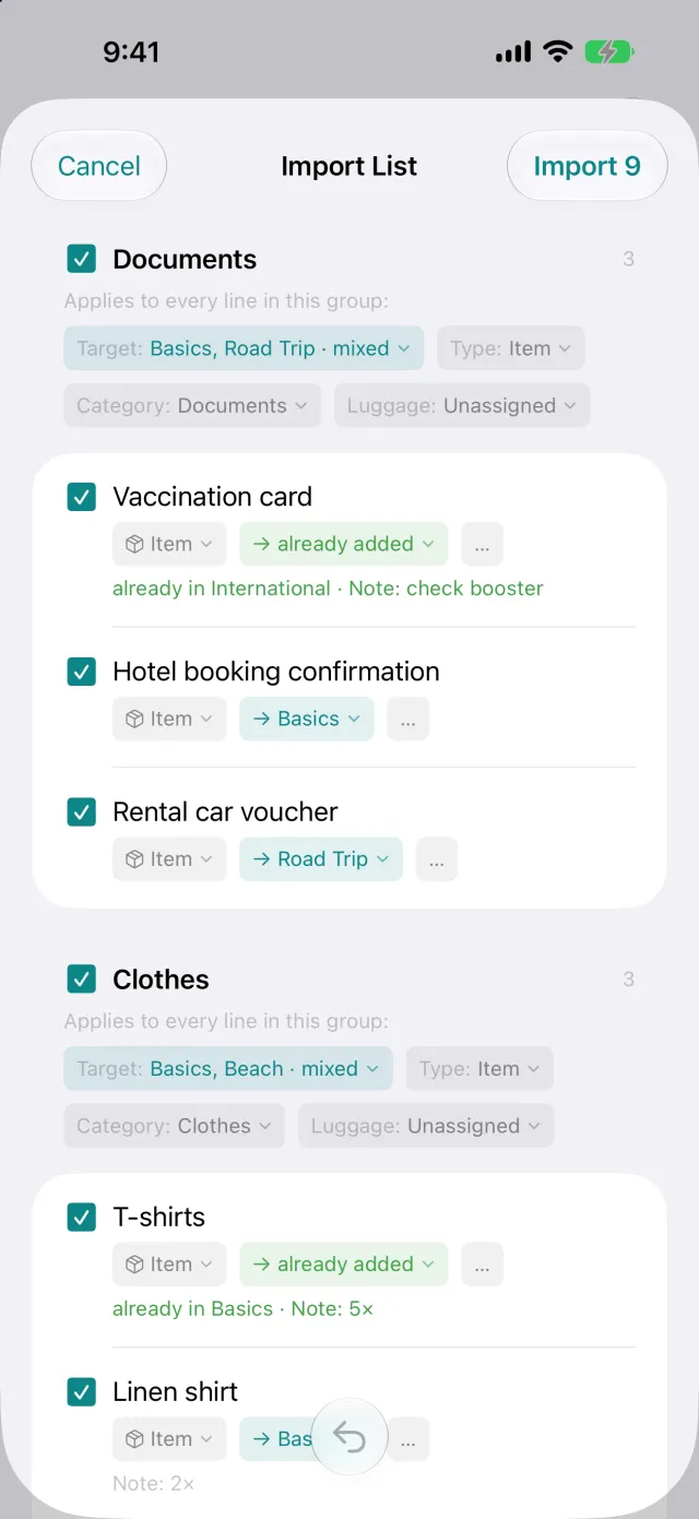 Importing a list from another app, with every line reviewable before it is taken over.