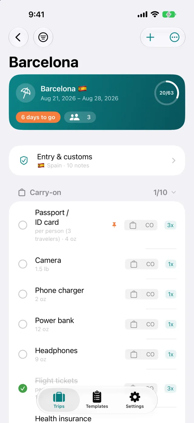 The packing list by piece of luggage, with quantity per person and weight on the item.
