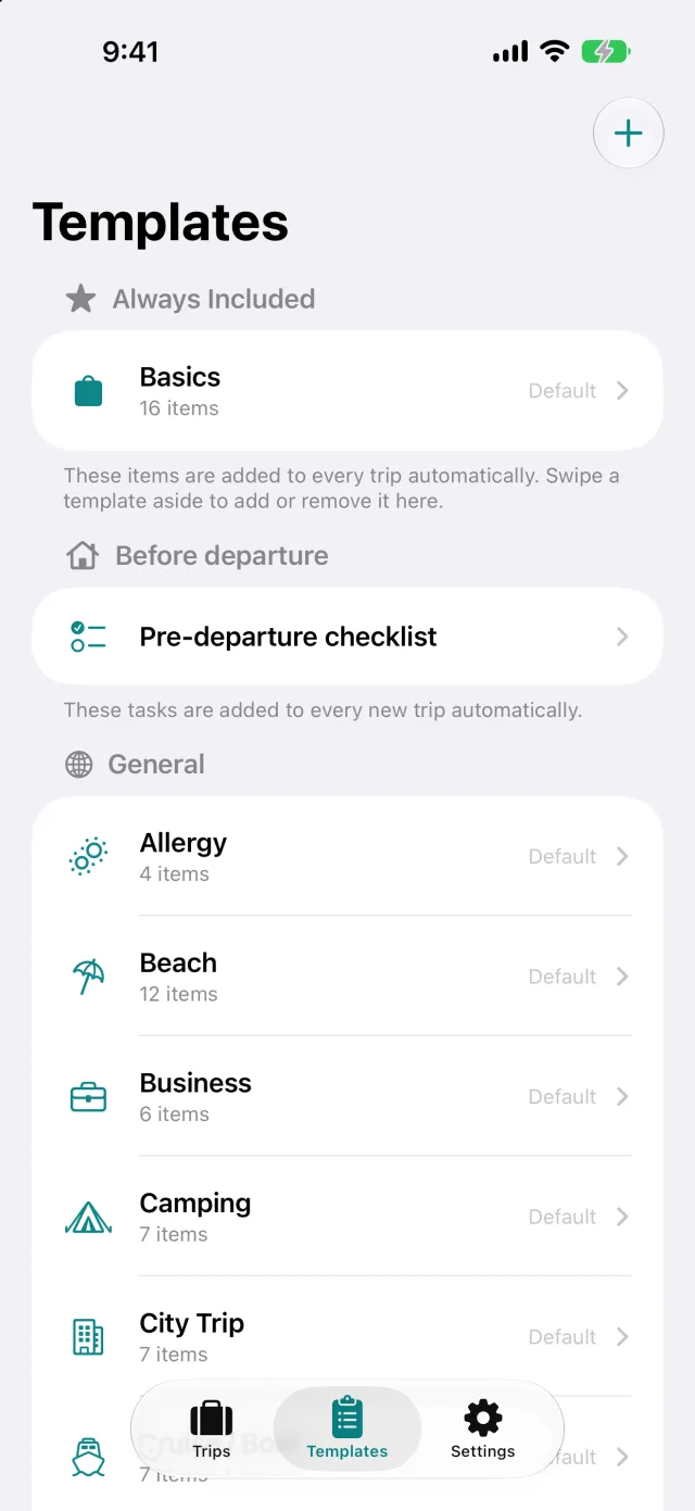 The templates: named sets of items such as camping or business, and the packing list is built out of them.