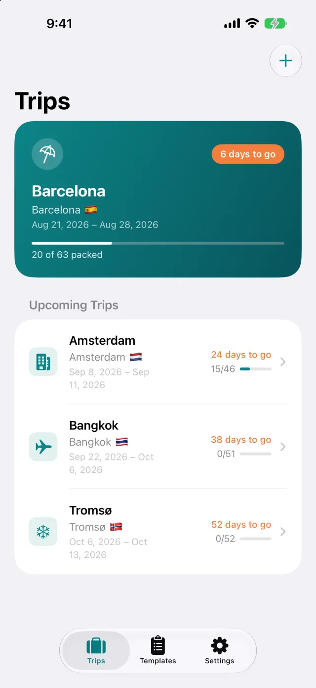 Overview of trips with countdown and packing progress.