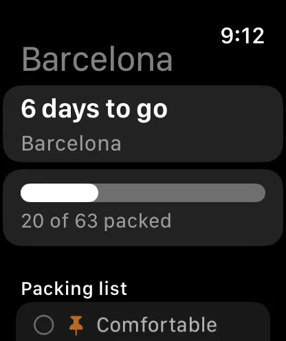 The trip on the Apple Watch: countdown, packing progress and the packing list, tickable there as well.