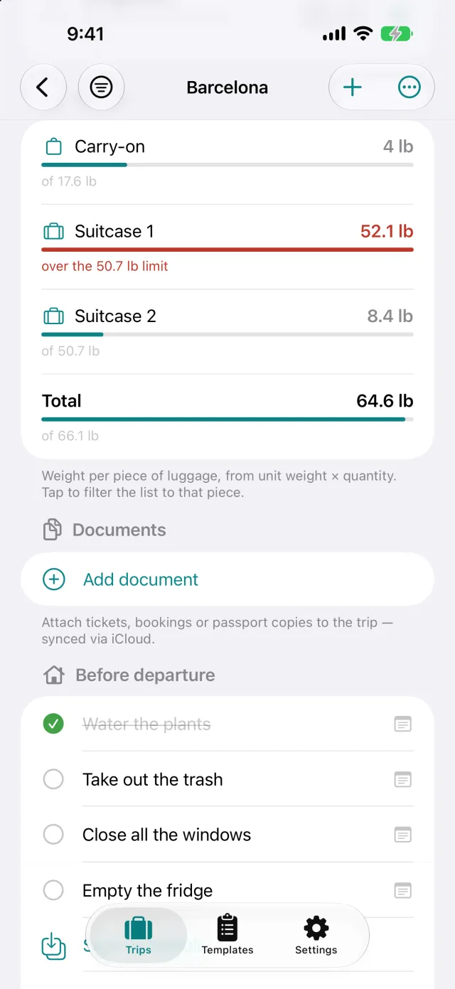 Weight per piece of luggage against the allowance, here 23.6 kg with a limit of 23 kg.