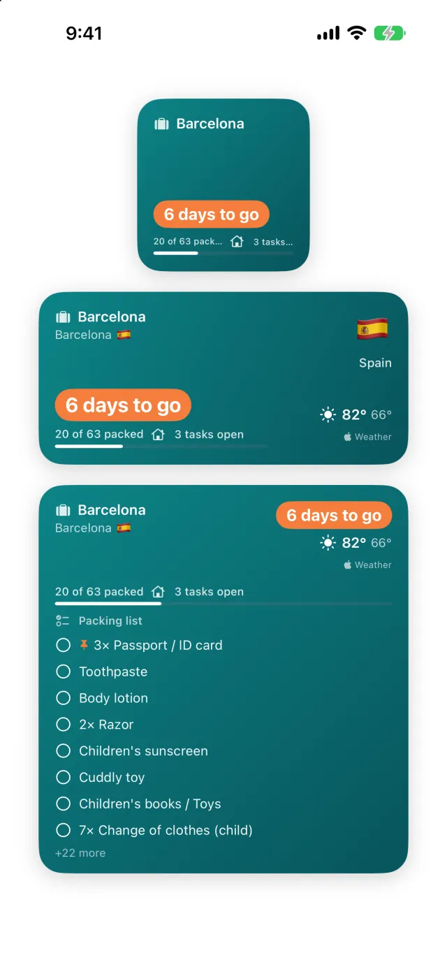 Widgets on the home screen: the countdown on the small one, place and weather on the medium one, and the packing list to tick off on the large one.