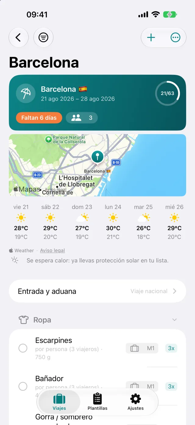 El viaje en sí: tiempo en el destino, avisos de entrada y la lista de equipaje debajo.