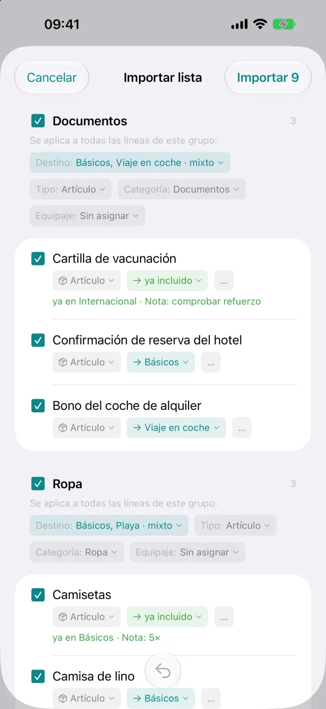 Importación de una lista de otra app, con cada línea revisable antes de aceptarla.