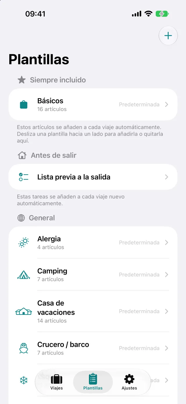Las plantillas: conjuntos de artículos con nombre, como camping o viaje de negocios, con los que se arma la lista.