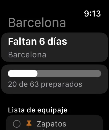 El viaje en el Apple Watch: cuenta atrás, progreso del equipaje y la lista, que también se marca ahí.