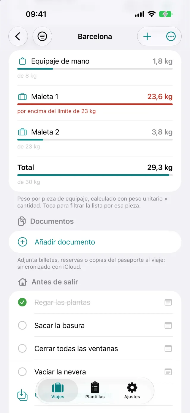 Peso por maleta frente a la franquicia, aquí 23,6 kg con un límite de 23 kg.