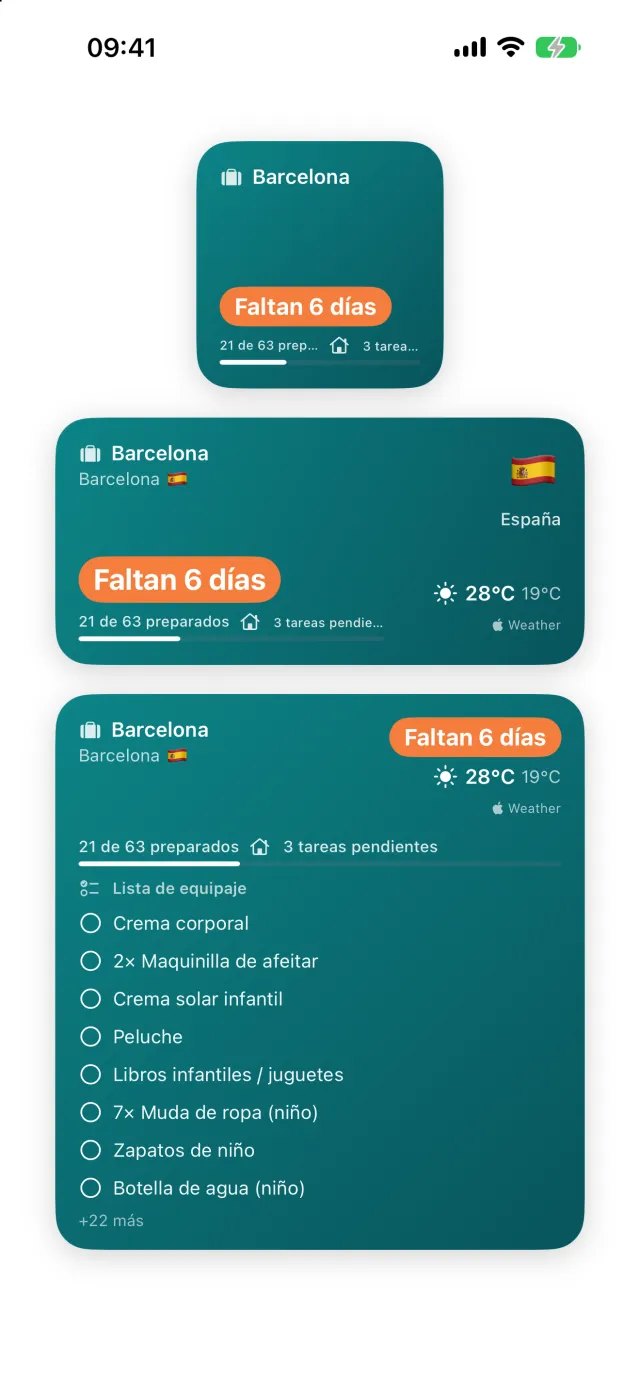 Widgets en la pantalla de inicio: la cuenta atrás en el pequeño, lugar y tiempo en el mediano, y la lista para ir marcando en el grande.